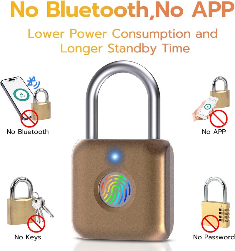 Pothunder Fingerprint Padlock, Smart Padlock, Locker Lock, Biometric Metal Keyless Fingerprint Lock, USB Rechargeable, for Gym Locker, Luggage, Backpack(Placer Gold) - Image 4