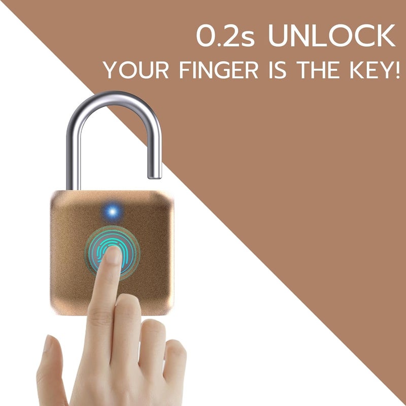 Pothunder Fingerprint Padlock, Smart Padlock, Locker Lock, Biometric Metal Keyless Fingerprint Lock, USB Rechargeable, for Gym Locker, Luggage, Backpack(Placer Gold) - Image 2