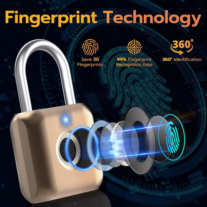 Pothunder Fingerprint Padlock, Smart Padlock, Locker Lock, Biometric Metal Keyless Fingerprint Lock, USB Rechargeable, for Gym Locker, Luggage, Backpack(Placer Gold) - Image 3