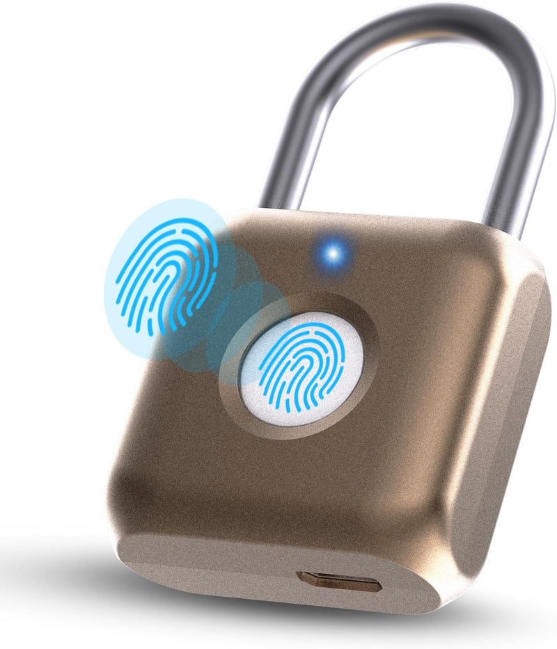 Pothunder Fingerprint Padlock, Smart Padlock, Locker Lock, Biometric Metal Keyless Fingerprint Lock, USB Rechargeable, for Gym Locker, Luggage, Backpack(Placer Gold) - Image 1