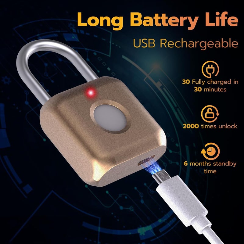 Pothunder Fingerprint Padlock, Smart Padlock, Locker Lock, Biometric Metal Keyless Fingerprint Lock, USB Rechargeable, for Gym Locker, Luggage, Backpack(Placer Gold) - Image 5