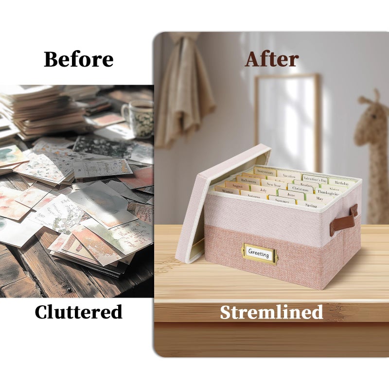 Vienrose Greeting Card Organizer Box with 20 Removable Dividers, 84 Self-Adhesive Labels, Foldable Storage Box Great for Greeting Cards, Photos, Envelopes, Stickers, Postcards Light Pink&Lotus - Image 5