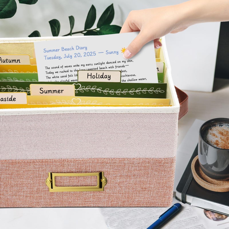 Vienrose Greeting Card Organizer Box with 20 Removable Dividers, 84 Self-Adhesive Labels, Foldable Storage Box Great for Greeting Cards, Photos, Envelopes, Stickers, Postcards Light Pink&Lotus - Image 3
