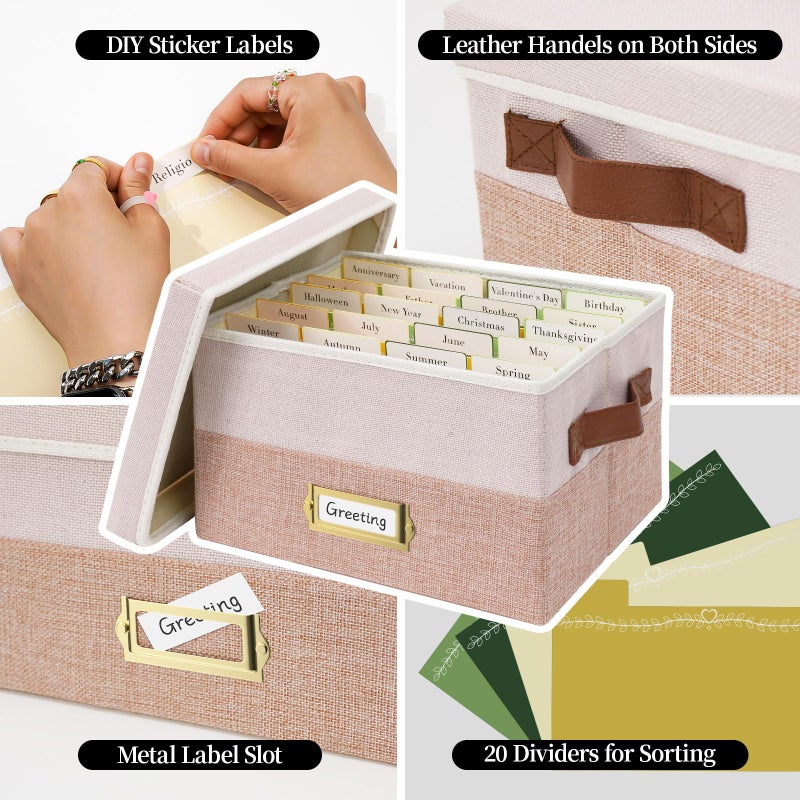 Vienrose Greeting Card Organizer Box with 20 Removable Dividers, 84 Self-Adhesive Labels, Foldable Storage Box Great for Greeting Cards, Photos, Envelopes, Stickers, Postcards Light Pink&Lotus - Image 4
