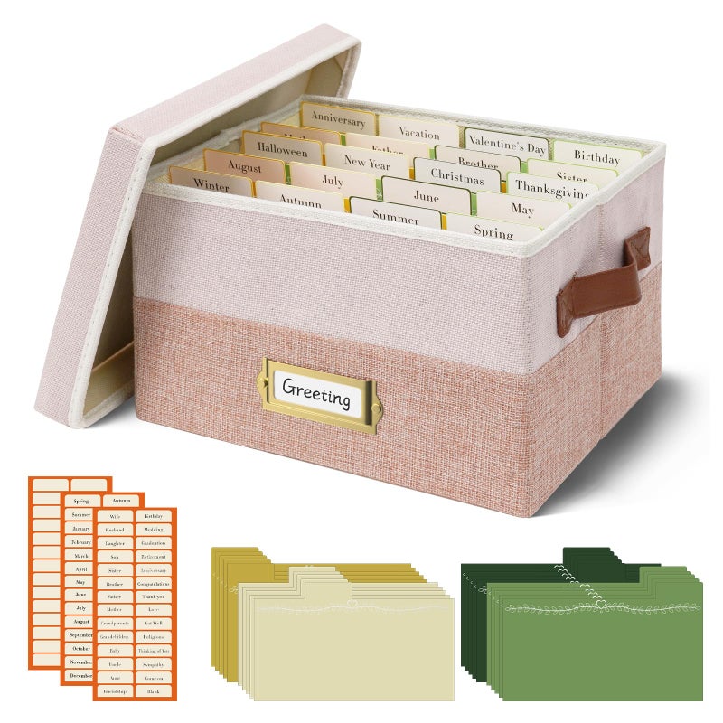 Vienrose Greeting Card Organizer Box with 20 Removable Dividers, 84 Self-Adhesive Labels, Foldable Storage Box Great for Greeting Cards, Photos, Envelopes, Stickers, Postcards Light Pink&Lotus - Image 1
