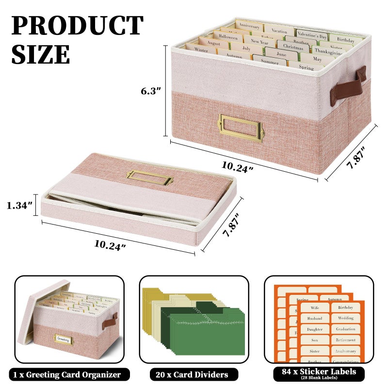 Vienrose Greeting Card Organizer Box with 20 Removable Dividers, 84 Self-Adhesive Labels, Foldable Storage Box Great for Greeting Cards, Photos, Envelopes, Stickers, Postcards Light Pink&Lotus - Image 2