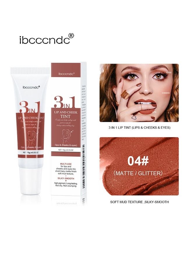 3 IN 1 Lip Mud Velvet Lip Tint Lip Gloss Multi-use Lip and Cheek Tint Liquid Blush and Paint Tint for Lips, Cheeks & Eyelids Pink Eyeshadow