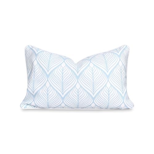 Hofdeco Premium Coastal Patio Indoor Outdoor Lumbar Pillow Cover Only 12x20 Water Repellent for Backyard Couch Baby Blue Print Geometric Leafs - Image 1