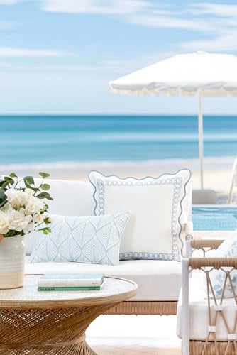 Hofdeco Premium Coastal Patio Indoor Outdoor Lumbar Pillow Cover Only 12x20 Water Repellent for Backyard Couch Baby Blue Print Geometric Leafs - Image 3