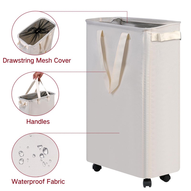 efluky Slim Laundry Hamper with Wheels, Rolling Laundry Basket for Clothes, Small Laundry Basket for Bedroom, Dorm and Laundry Room, 60L (12.7 Gallons) Beige - Image 5