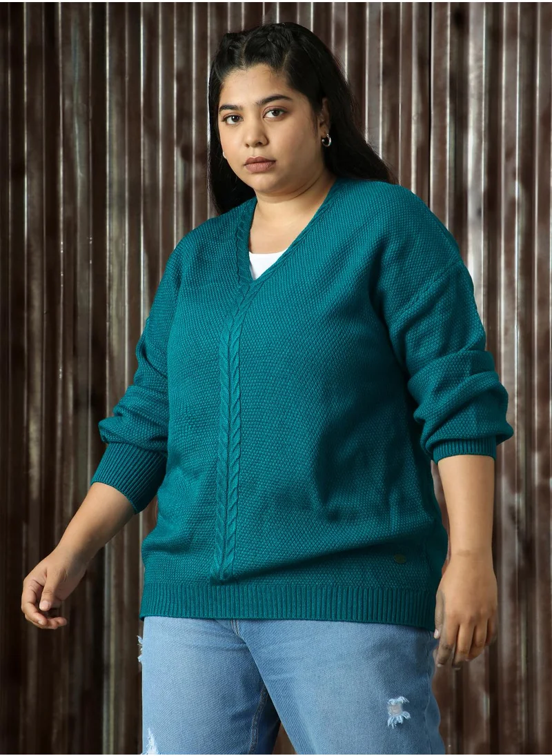 HIGH STAR Women's Teal 100% Acrylic Solid Relaxed Fit Sweater