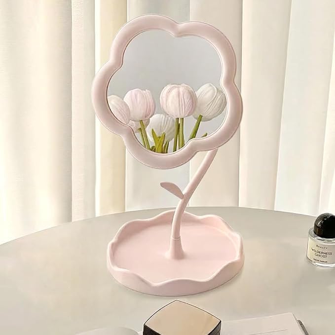 FLOWER SHAPED MAKEUP MIRROR ROTATABLE MAKEUP MIRROR WITH TRAY TABLE VANITY MIRROR CUTE FLOWER SHAPED MIRROR FOR TABLETOP BEDROOM BATHROOM LIVING ROOM MULTICOLOUR