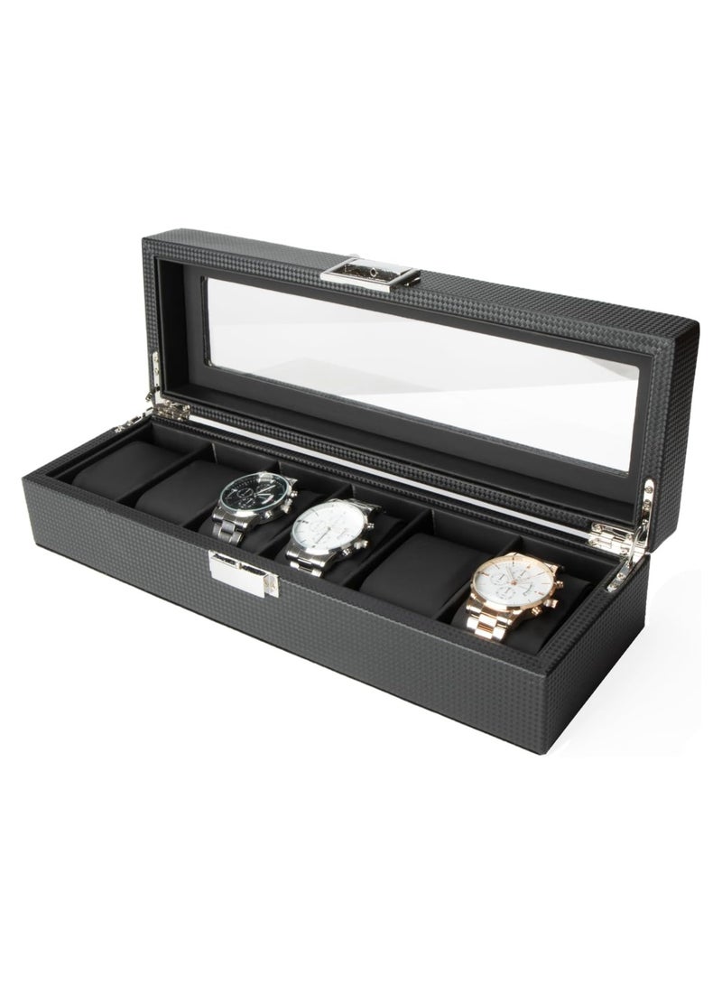 BLOOMING TIME 6-Slot Watch Box for Men, Carbon Fiber Watch Display Case with Glass Lid, Jewelry Storage Organizer - Image 1