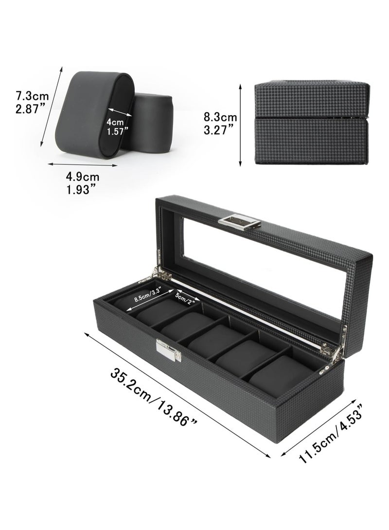BLOOMING TIME 6-Slot Watch Box for Men, Carbon Fiber Watch Display Case with Glass Lid, Jewelry Storage Organizer - Image 5