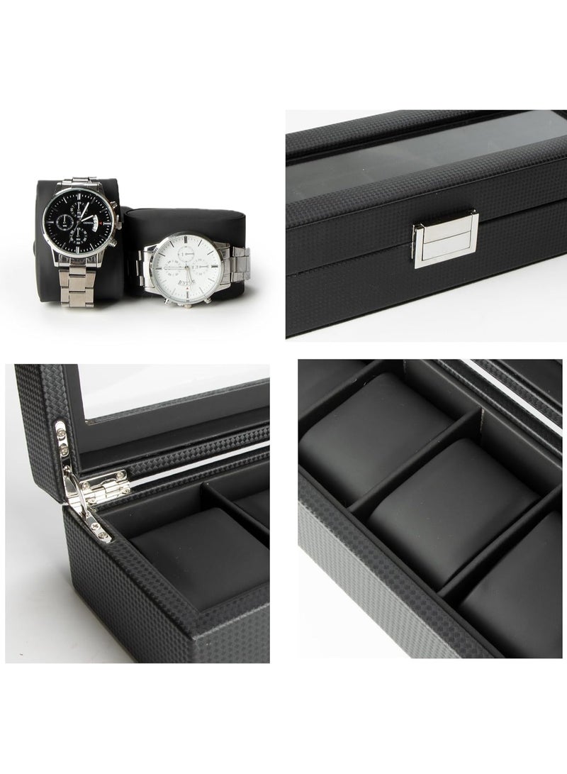 BLOOMING TIME 6-Slot Watch Box for Men, Carbon Fiber Watch Display Case with Glass Lid, Jewelry Storage Organizer - Image 4