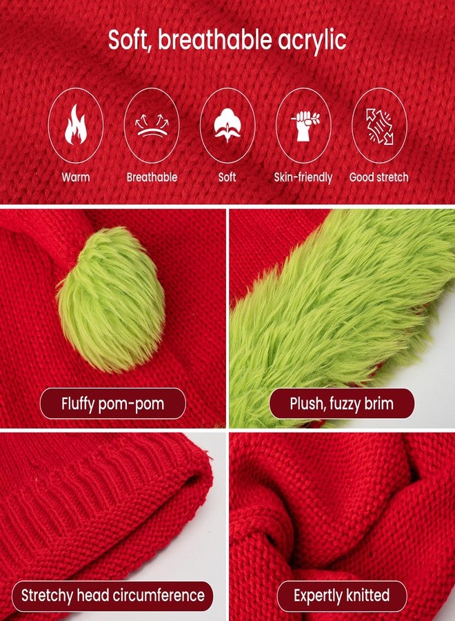 FUUNTATO Knitted Santa Hat With Fluffy Brim Xmas Party Beanie Green Christmas Hats For Adult Women Men - Image 2