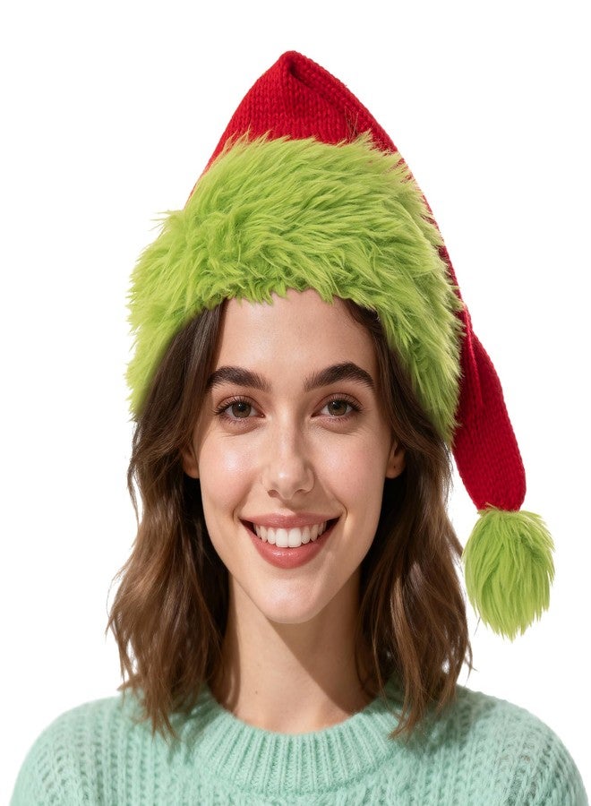 FUUNTATO Knitted Santa Hat With Fluffy Brim Xmas Party Beanie Green Christmas Hats For Adult Women Men - Image 1