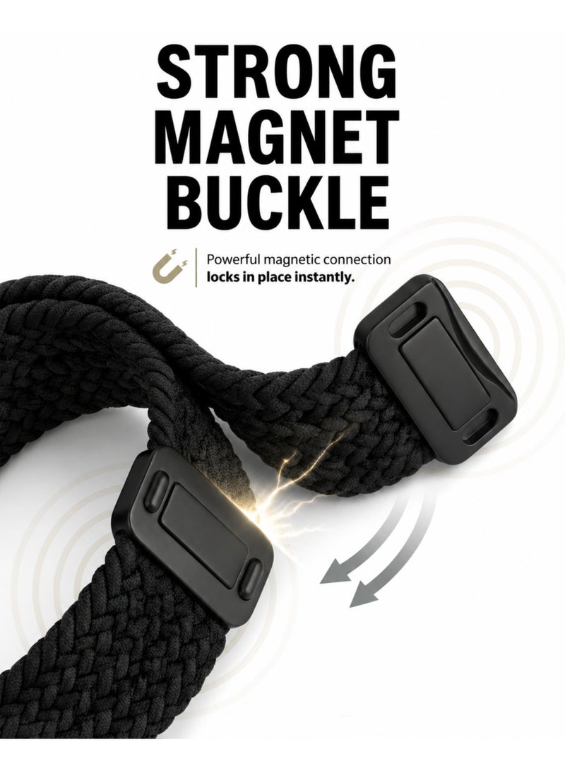 ARX Apple Watch Strap 44/45/46/49mm Compatible with Series 3 to 11 / SE / Ultra – Elastic Braided Nylon Magnetic Buckle – Black - Image 3