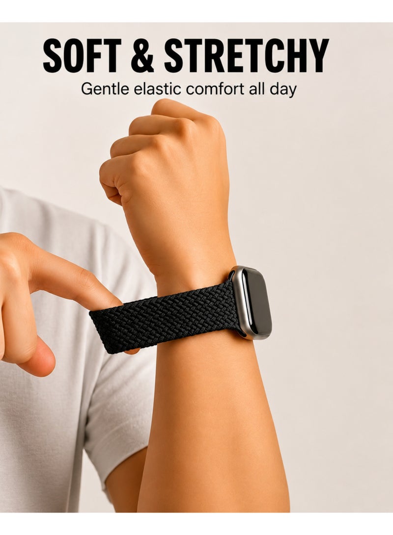 ARX Apple Watch Strap 44/45/46/49mm Compatible with Series 3 to 11 / SE / Ultra – Elastic Braided Nylon Magnetic Buckle – Black - Image 5