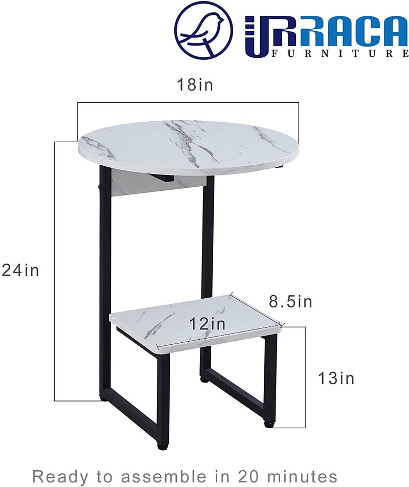 Priti White Round Side End Table for Small Spaces Living Room Bedroom Faux Marble Nightstand - Image 2