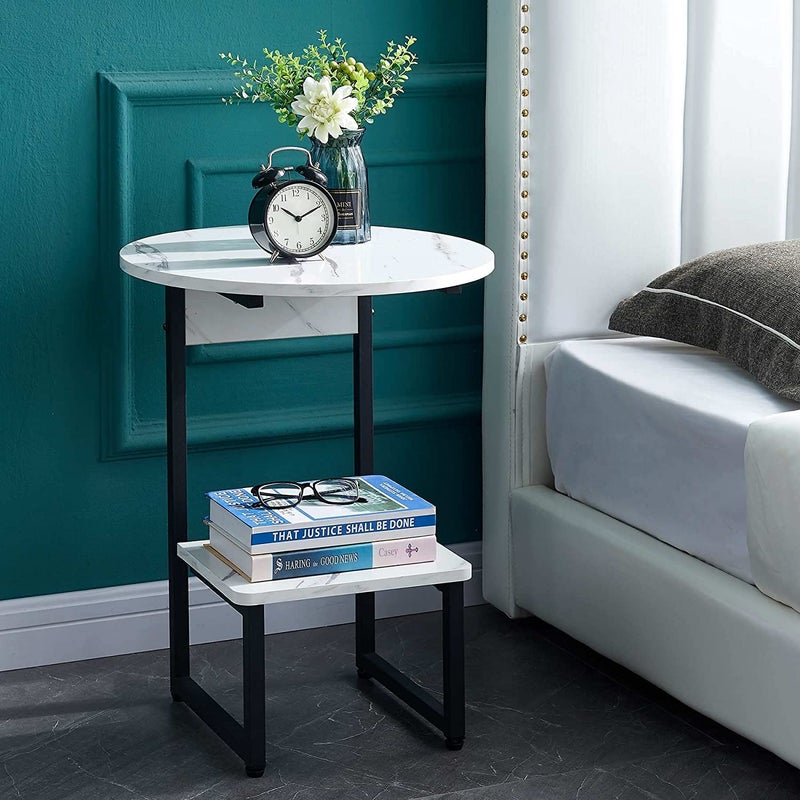 Priti White Round Side End Table for Small Spaces Living Room Bedroom Faux Marble Nightstand - Image 1