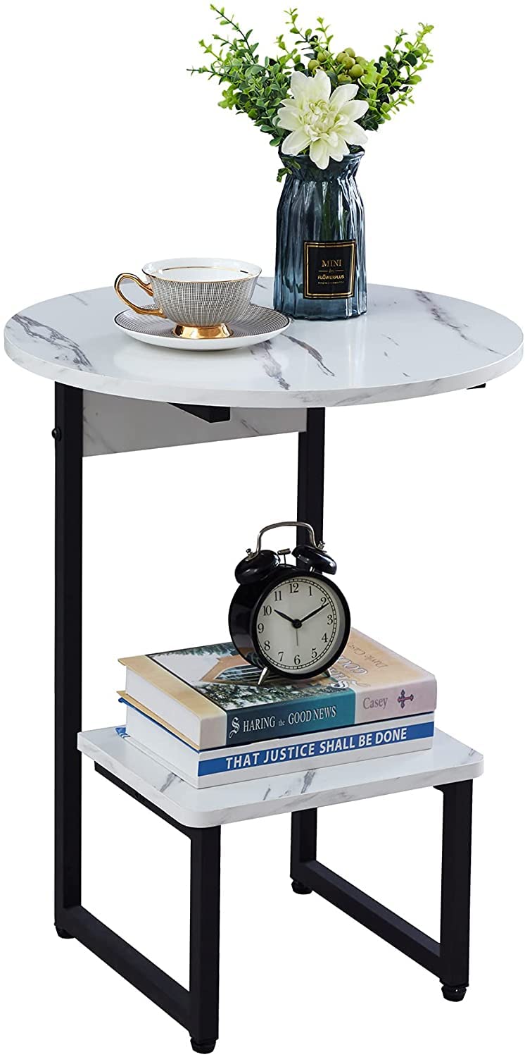 Priti White Round Side End Table for Small Spaces Living Room Bedroom Faux Marble Nightstand - Image 3