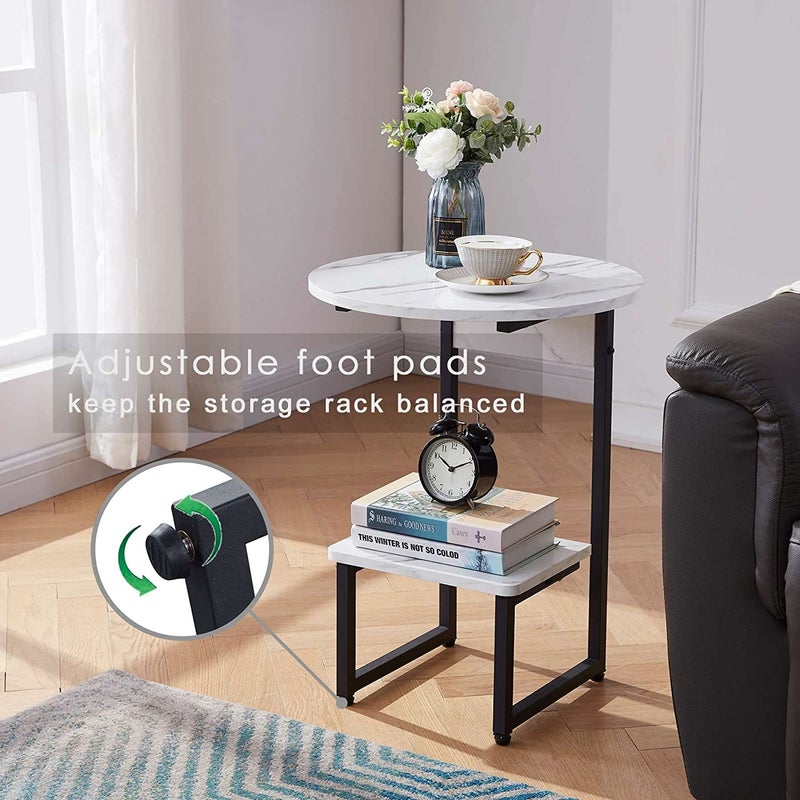 Priti White Round Side End Table for Small Spaces Living Room Bedroom Faux Marble Nightstand - Image 4