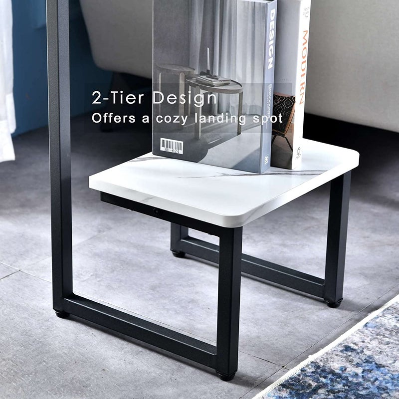 Priti White Round Side End Table for Small Spaces Living Room Bedroom Faux Marble Nightstand - Image 5
