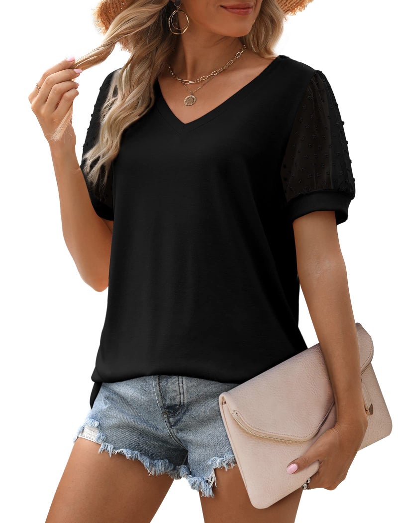 Aokosor V Neck T Shirts for Women Short Sleeve Shirts Business Casual Tops Hide Belly Black S - Image 2