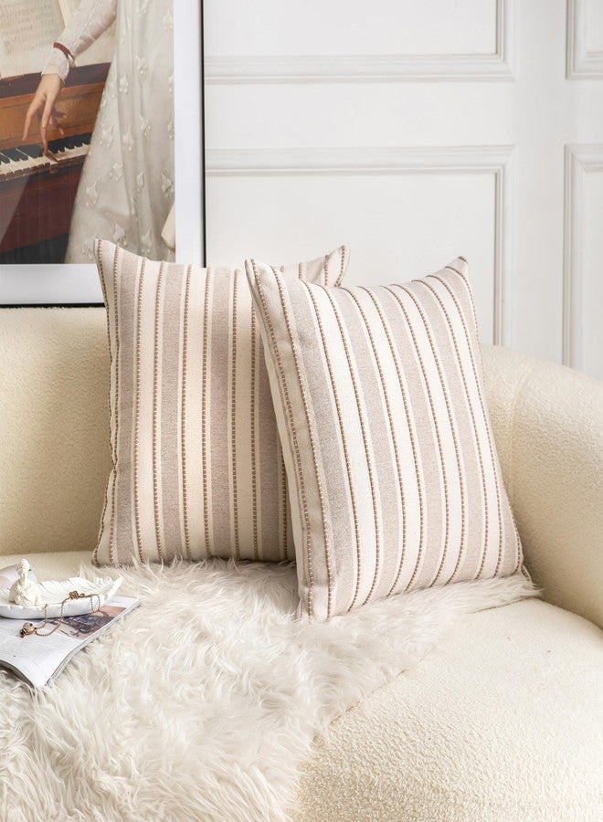 Cethom Decorative Boho Throw Pillow Covers, Farmhouse Textured Pillow Case, 20 x 20 Inch Set of 2, Suitable for Chair Sofa Bedroom Living Room Home Decor Couch Cushion Case, Taupe and Beige Striped - Image 3