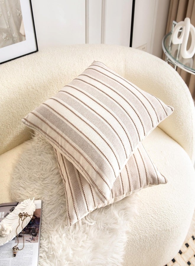 Cethom Decorative Boho Throw Pillow Covers, Farmhouse Textured Pillow Case, 20 x 20 Inch Set of 2, Suitable for Chair Sofa Bedroom Living Room Home Decor Couch Cushion Case, Taupe and Beige Striped - Image 2