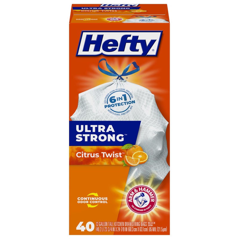 Hefty Ultra Strong Tall Kitchen Trash Bags - Citrus Twist, 13 Gallon, 40 Count - Image 1