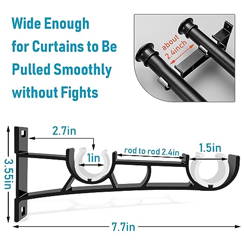 KOLAKO Curtain Rod Bracket, 3 Pack Double Curtain Rod Brackets, Heavy Duty Drapery Holders for 1 Inch Rods, Wall Double Rod Curtain Hanger Hooks, Black - Image 2