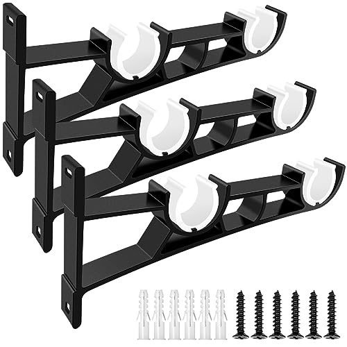 KOLAKO Curtain Rod Bracket, 3 Pack Double Curtain Rod Brackets, Heavy Duty Drapery Holders for 1 Inch Rods, Wall Double Rod Curtain Hanger Hooks, Black - Image 1
