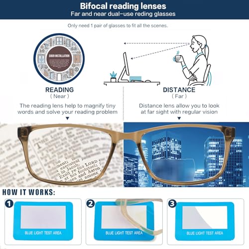 Kafirlo Bifocal Reading Glasses Women Men Blue Light Blocking Computer Progressive Reader Clear Top No Line Wide Square Frame +1.50 - Image 5