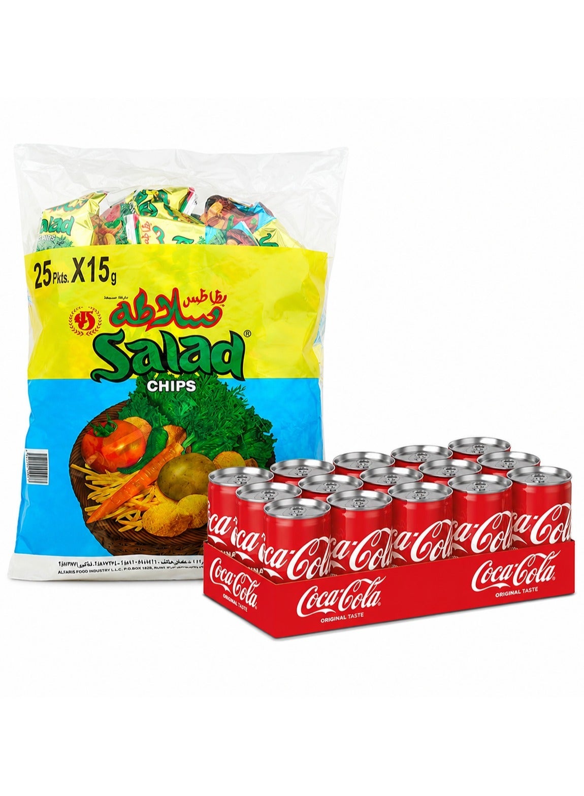 noon Chips Oman Salad Chips 15grams Pack of 25 + Coca Cola Soft Drink Can 15 x 150ml