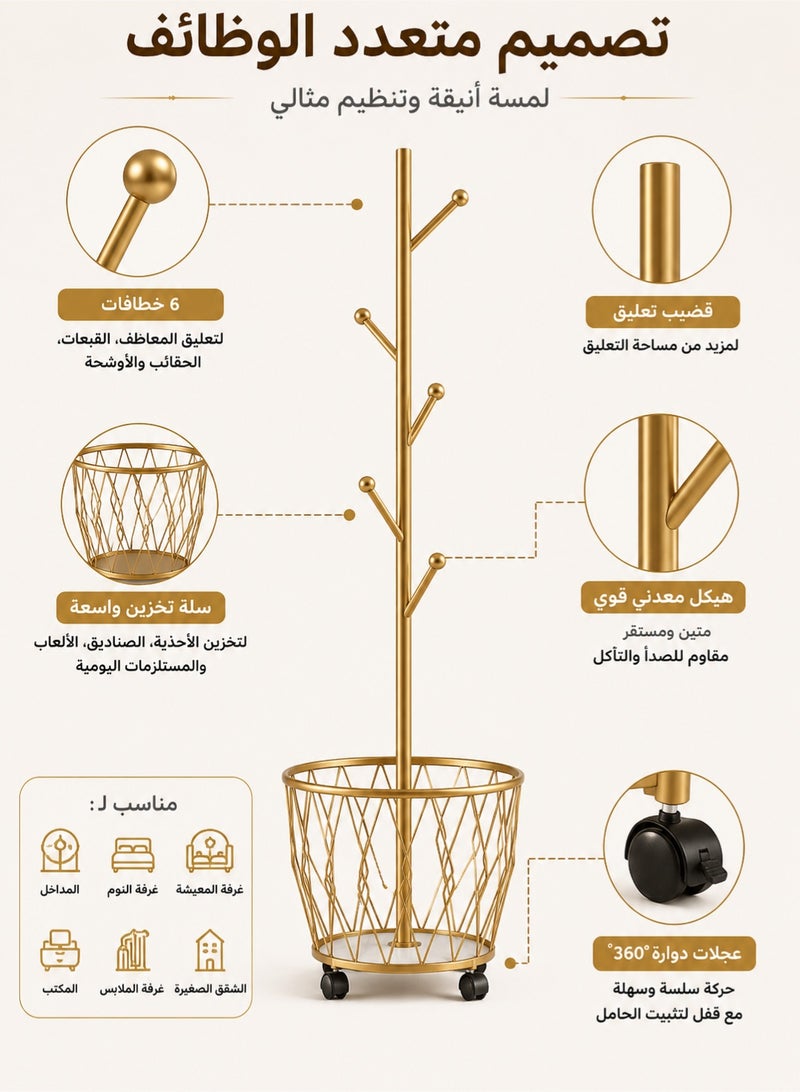 موندا علاقة ملابس ذهبية بعجلات، حامل ملابس معدني قوي مع 6 خطافات وسلة تخزين، منظم ملابس قائم بذاته للمداخل وغرفة النوم وغرفة المعيشة والممر - Image 2