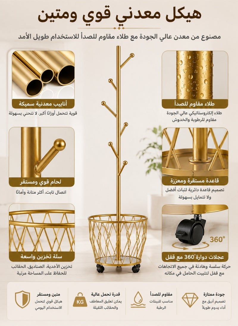 موندا علاقة ملابس ذهبية بعجلات، حامل ملابس معدني قوي مع 6 خطافات وسلة تخزين، منظم ملابس قائم بذاته للمداخل وغرفة النوم وغرفة المعيشة والممر - Image 4