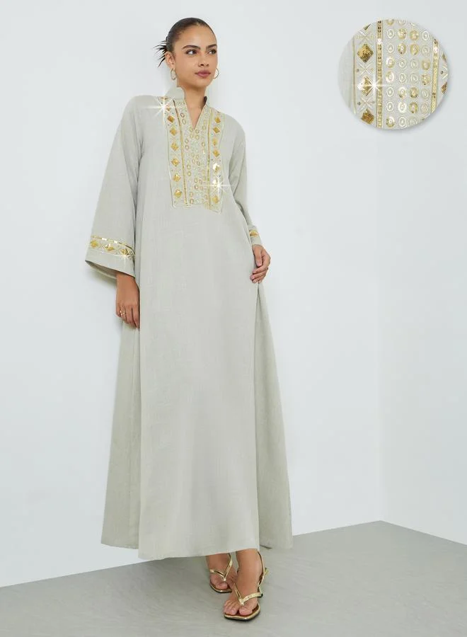 Amirah Green Sequined Embroidery Panel Jalabiya