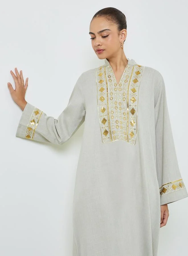 Amirah Green Sequined Embroidery Panel Jalabiya
