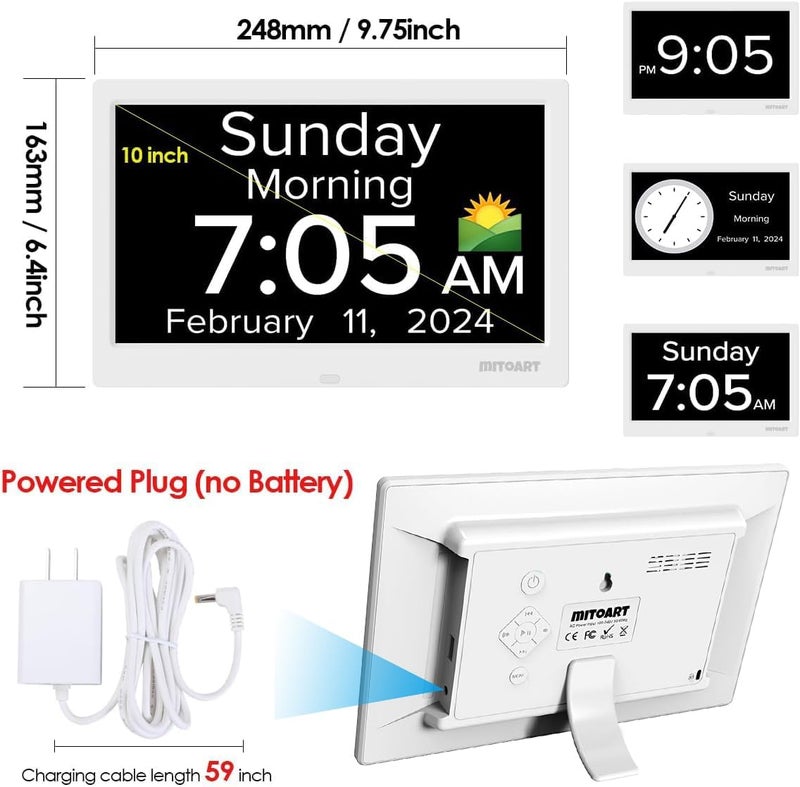 Mitoart 10.1 Inch Digital Alarm Clock with Date and Day of Week for Dementia Seniors, Clear Large Screen, Multiple Alarm Sets, Auto DST, Designed Specifically for Elderly - White - Image 5
