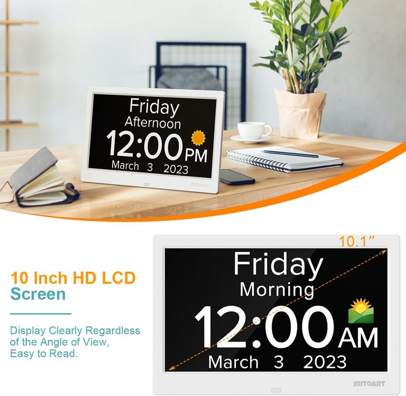 Mitoart 10.1 Inch Digital Alarm Clock with Date and Day of Week for Dementia Seniors, Clear Large Screen, Multiple Alarm Sets, Auto DST, Designed Specifically for Elderly - White - Image 3