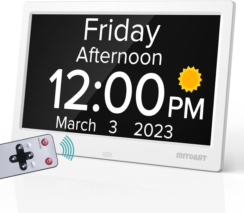 Mitoart 10.1 Inch Digital Alarm Clock with Date and Day of Week for Dementia Seniors, Clear Large Screen, Multiple Alarm Sets, Auto DST, Designed Specifically for Elderly - White - Image 1