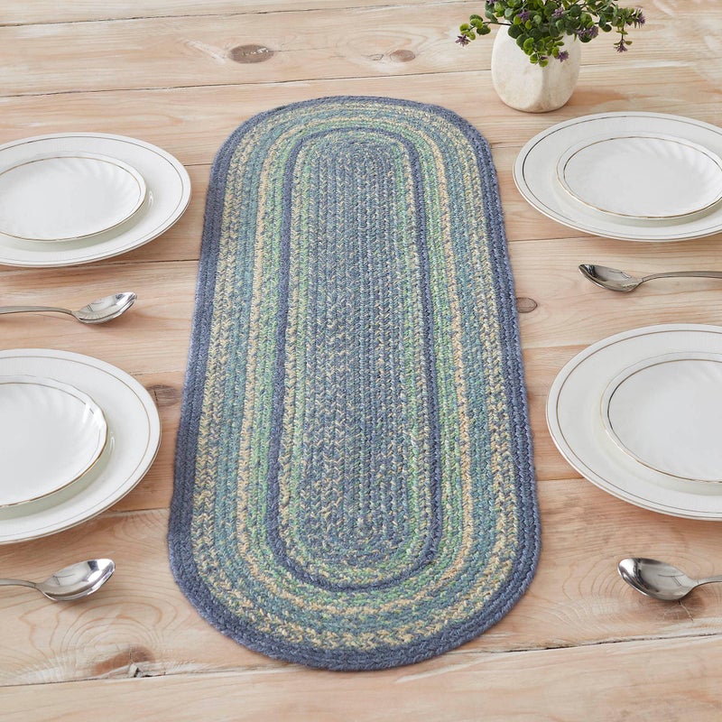 VHC Brands Jolie Farmhouse 12"x36" Table Runner Blue Textured Jute Striped Oval Kitchen Table Decor - Image 1
