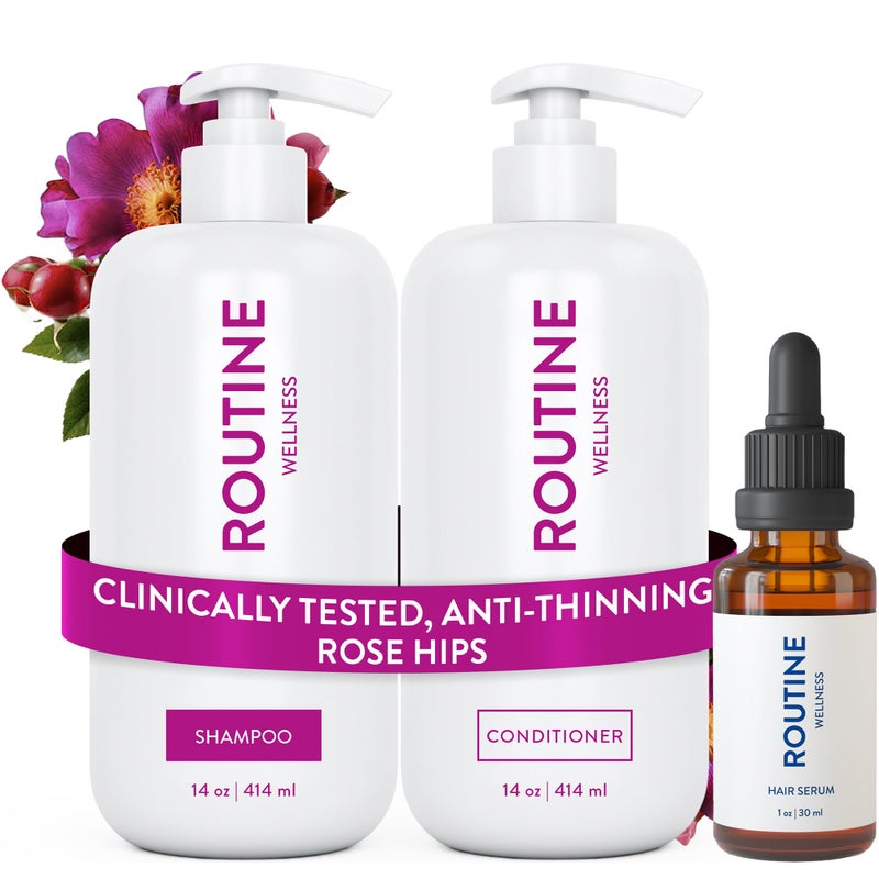 Routine Wellness Shampoo and Conditioner Set and Hair Serum for Thinning Hair - DHT Blocker Women & Men - Color Safe Shampoo for Hair Loss & Healthier Hair - Rose Hips Set + Serum - Image 1