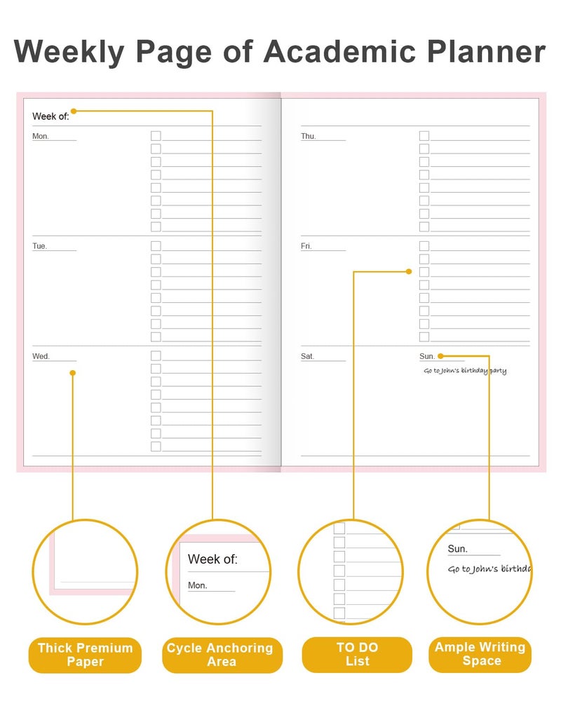 Tuun Fuplan Academic Planner for 2026 or Anytime â€“ A5 Undated Weekly Student Planner For Homeschool, High School, College & Nursing Students, 200 Pages, 5.8" x 8.5", Pink - Image 3