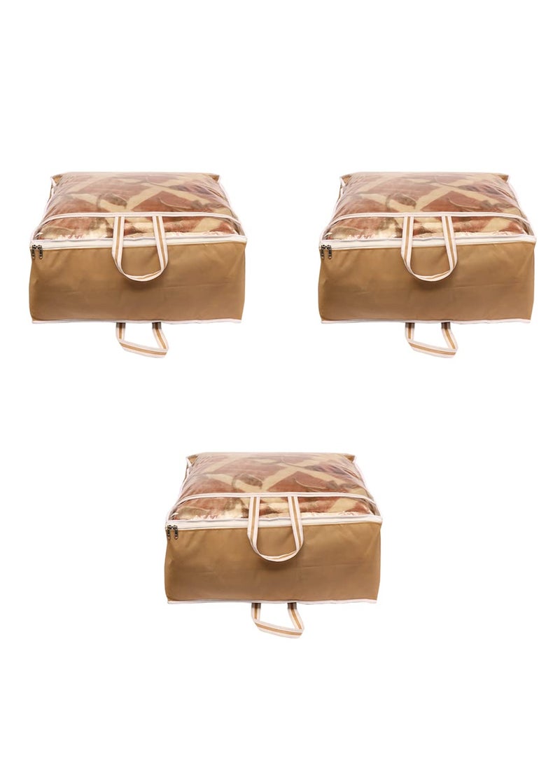AARON INC AARON INC Presents Non Woven Blanket Storage Bag With Front Handle Large Transparent Clear Window Large Size Storage Bag Cover Under Bed Storage Beige Pack of 3  - Image 1