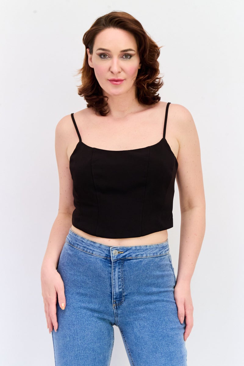 Reserved Women Square Neck Sleeveless Plain Top, Black - Image 1