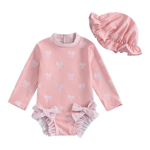 Socutebabe Baby Girl Swimsuit Baby Girls Long Sleeve One Piece Swimsuit Romper with Hat Bathing Suit Toddler Bathing Suit (a-Pink, 3-6 Months) - Image 1