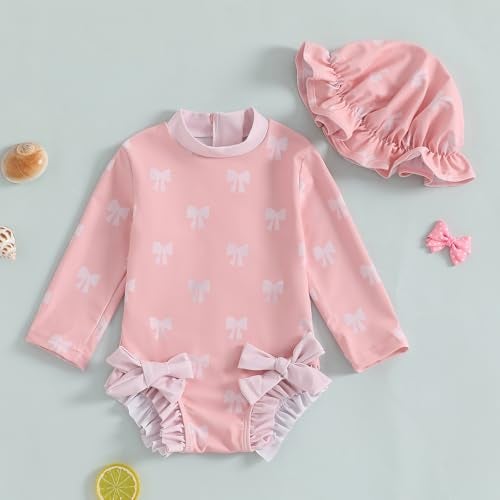 Socutebabe Baby Girl Swimsuit Baby Girls Long Sleeve One Piece Swimsuit Romper with Hat Bathing Suit Toddler Bathing Suit (a-Pink, 3-6 Months) - Image 2